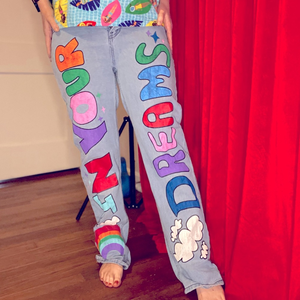 “In your dreams” rainbow blue jeans